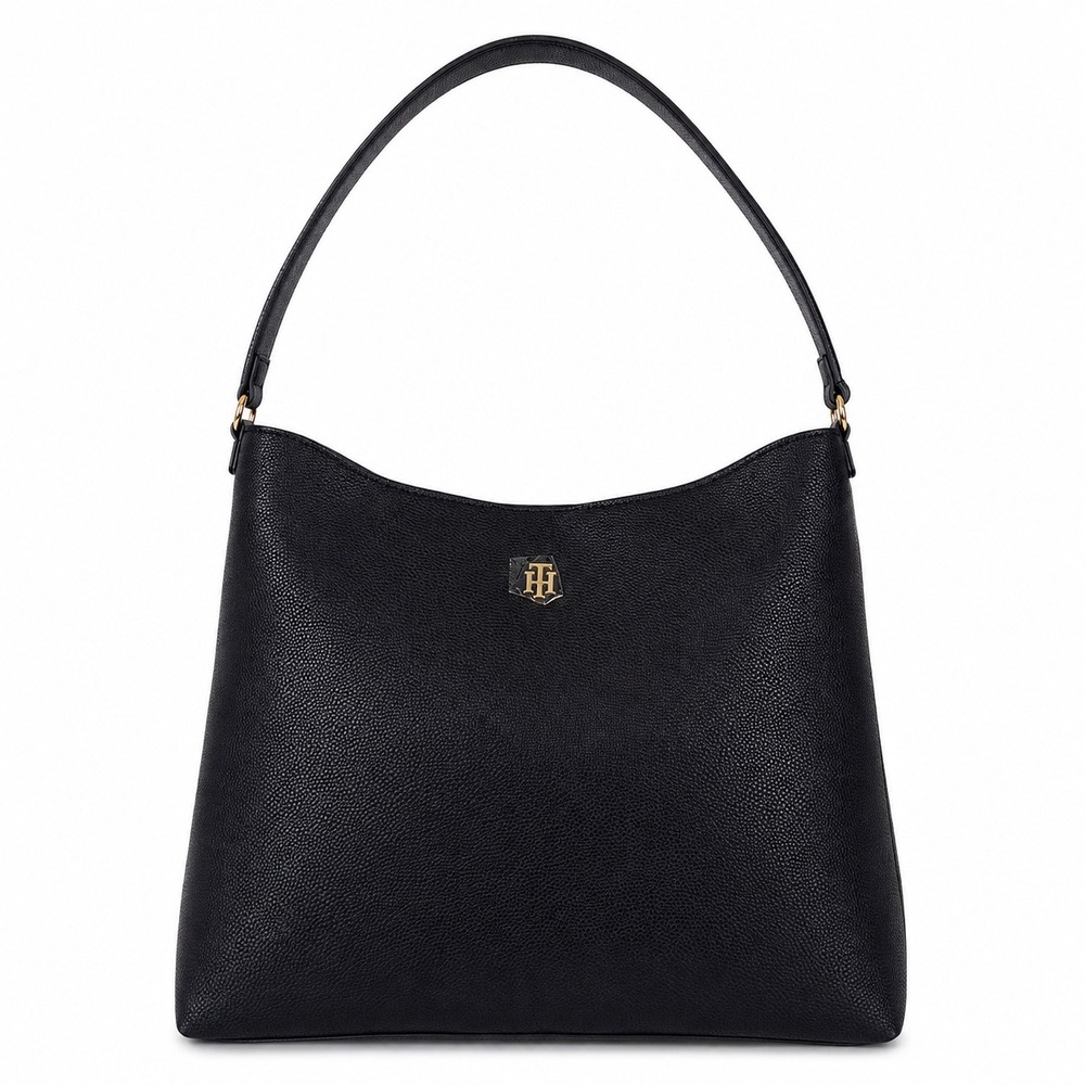 Tommy Hilfiger Black Pebbled Faux Leather Hobo Shoulder Bag Gold TH Logo